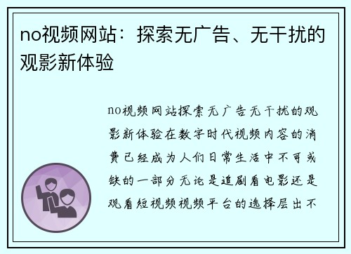 no视频网站：探索无广告、无干扰的观影新体验